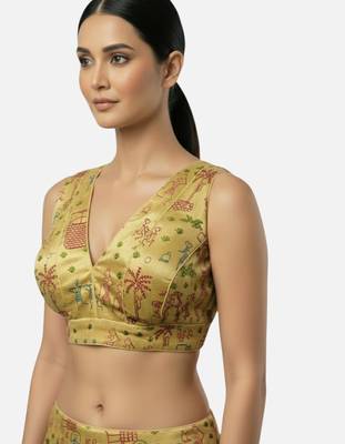 Golden warli art silk deep v neck sleeveless saree blouse 3