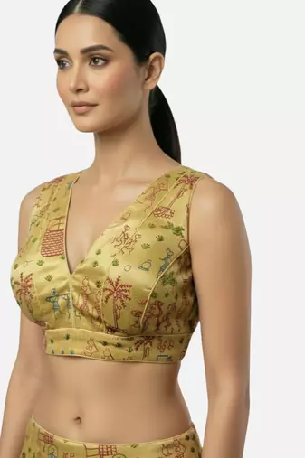 Golden warli art silk deep v neck sleeveless saree blouse
