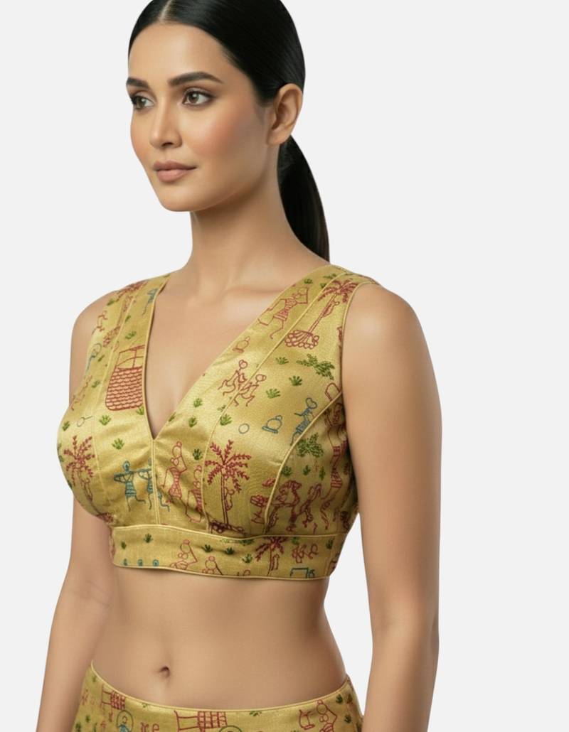 Golden warli art silk deep v neck sleeveless saree blouse