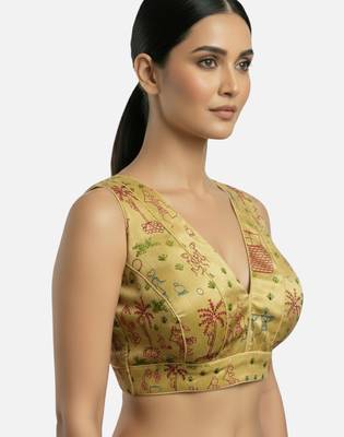 Golden warli art silk deep v neck sleeveless saree blouse 4