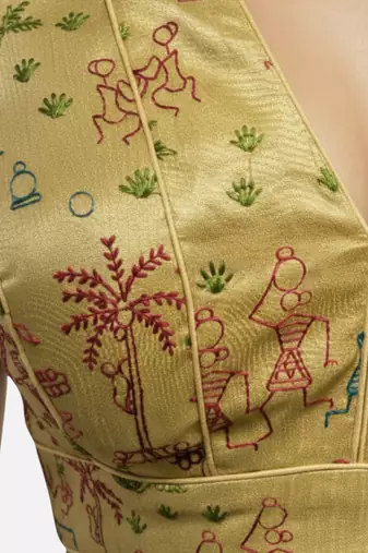 Golden warli art silk deep v neck sleeveless saree blouse