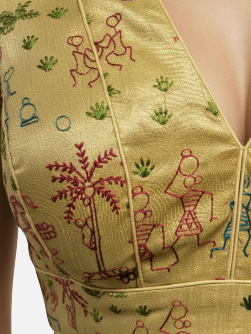 Golden warli art silk deep v neck sleeveless saree blouse