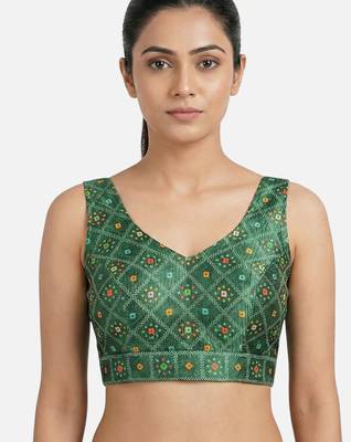Green printed sleeveless v-neck ethnic saree blouse 1