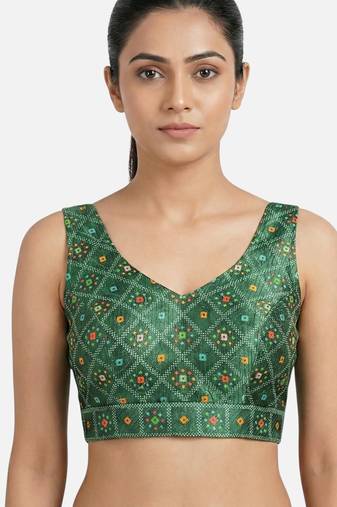 Green printed sleeveless v-neck ethnic saree blouse