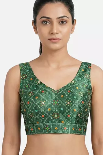 Green printed sleeveless v-neck ethnic saree blouse