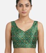 Green printed sleeveless v-neck ethnic saree blouse