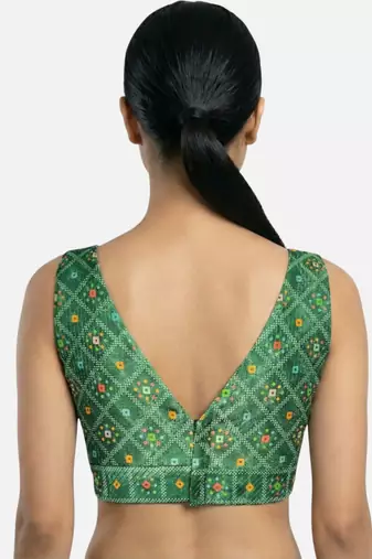 Green printed sleeveless v-neck ethnic saree blouse