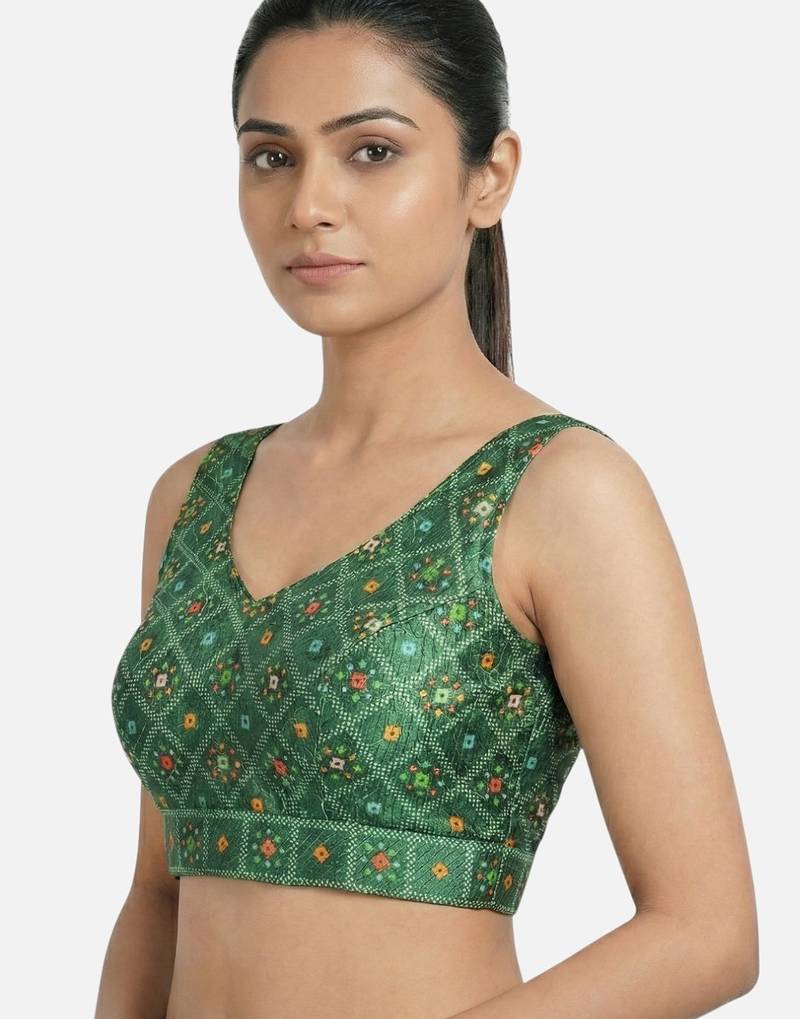 Green printed sleeveless v-neck ethnic saree blouse