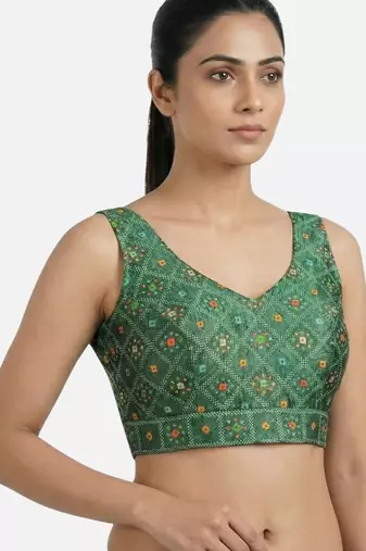 Green printed sleeveless v-neck ethnic saree blouse