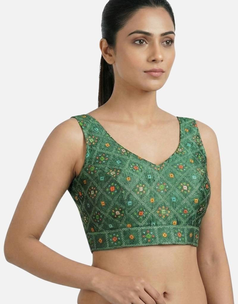 Green printed sleeveless v-neck ethnic saree blouse