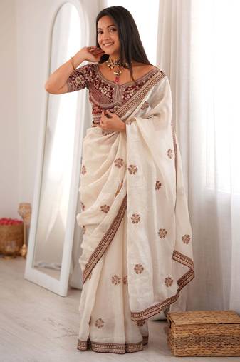Ivory fendy satin embroidered saree with unstitched blouse