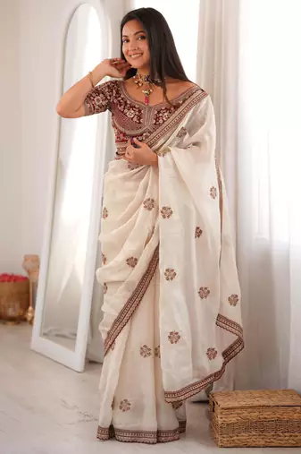 Ivory fendy satin embroidered saree with unstitched blouse
