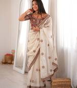 Ivory fendy satin embroidered saree with unstitched blouse