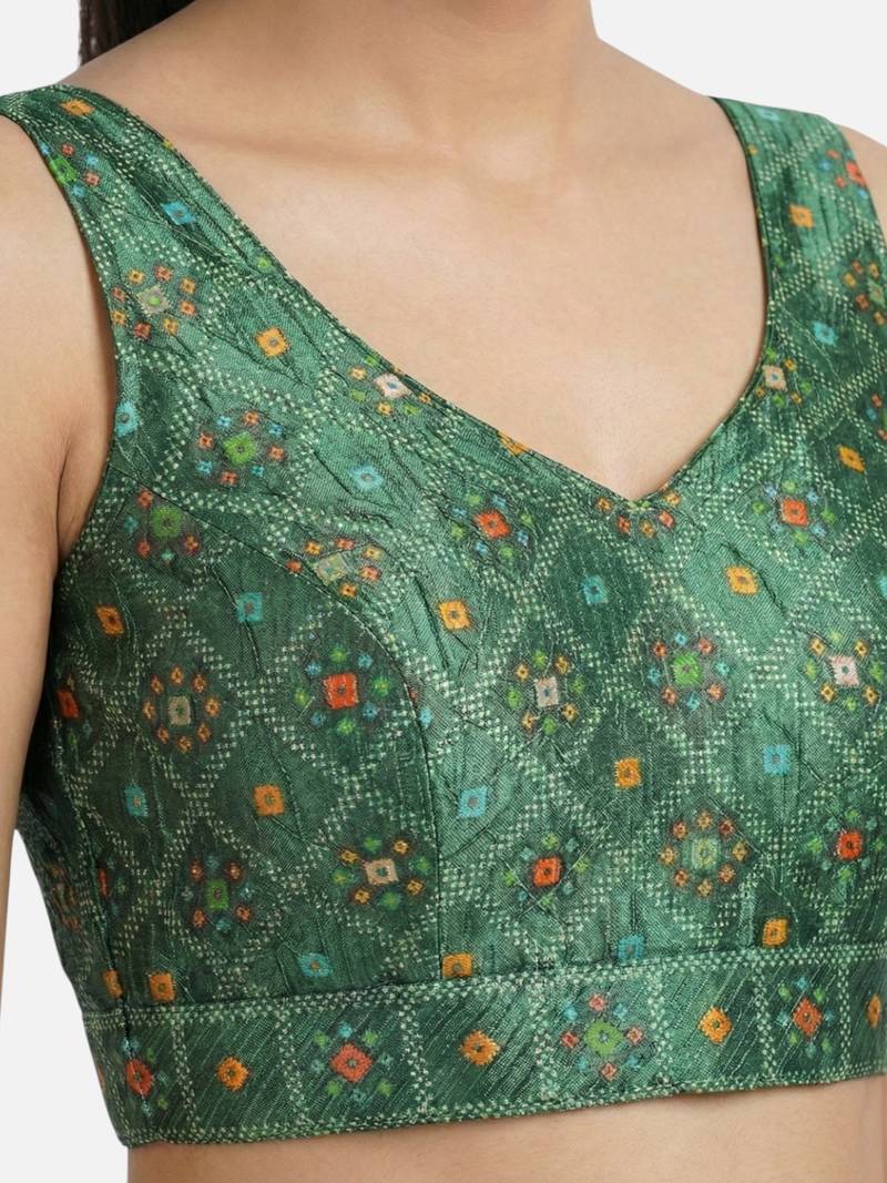 Green printed sleeveless v-neck ethnic saree blouse