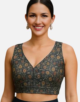 Black floral printed sleeveless v-neck ethnic saree blouse 1