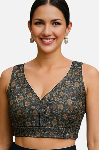 Black floral printed sleeveless v-neck ethnic saree blouse