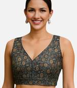 Black floral printed sleeveless v-neck ethnic saree blouse