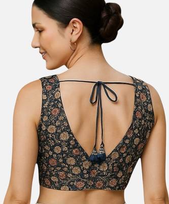 Black floral printed sleeveless v-neck ethnic saree blouse 2