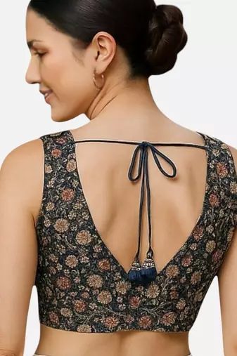 Black floral printed sleeveless v-neck ethnic saree blouse