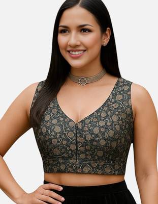 Black floral printed sleeveless v-neck ethnic saree blouse 3