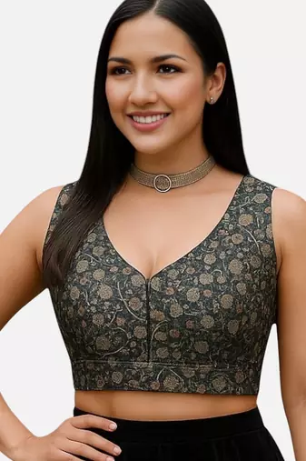 Black floral printed sleeveless v-neck ethnic saree blouse