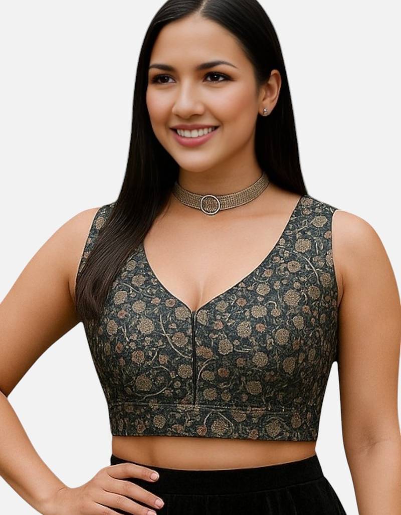 Black floral printed sleeveless v-neck ethnic saree blouse