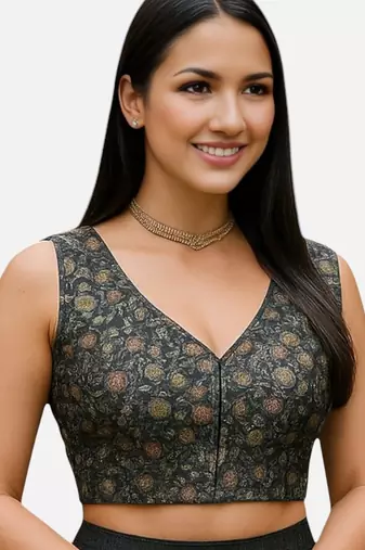 Black floral printed sleeveless v-neck ethnic saree blouse