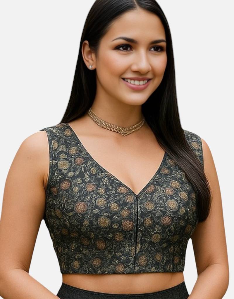 Black floral printed sleeveless v-neck ethnic saree blouse