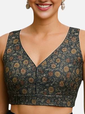 Black floral printed sleeveless v-neck ethnic saree blouse 5