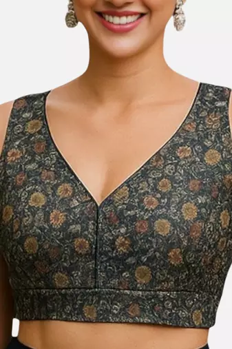 Black floral printed sleeveless v-neck ethnic saree blouse
