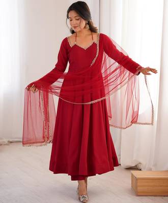 Women's Embroidery Work Roman Silk blend Flared Anarkali Pant and Dupatta Set 1
