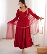 Women's Embroidery Work Roman Silk blend Flared Anarkali Pant and Dupatta Set