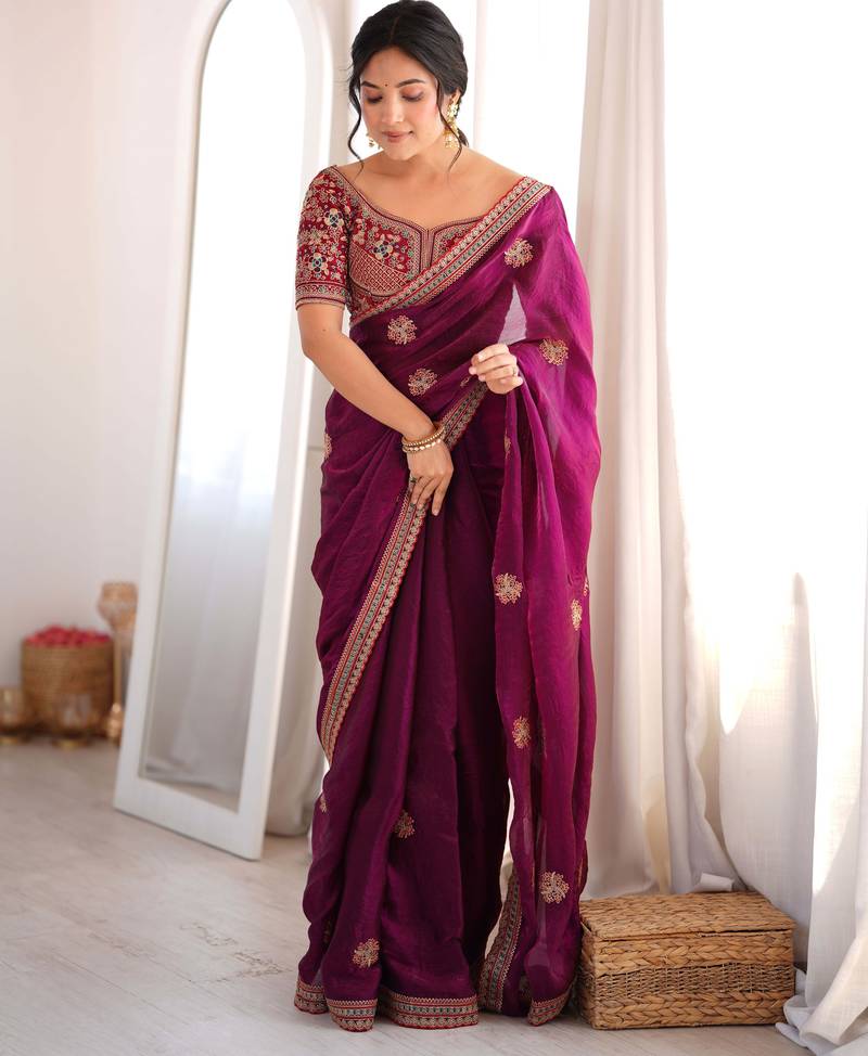 Wine fendy satin embroidered saree with unstitched blouse