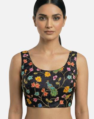 Black embroidered peacock & floral scoop neck sleeveless saree blouse 1