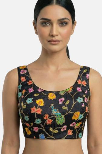 Black embroidered peacock & floral scoop neck sleeveless saree blouse