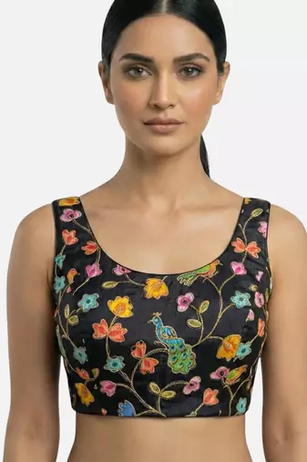 Black embroidered peacock & floral scoop neck sleeveless saree blouse