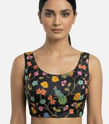 Black embroidered peacock & floral scoop neck sleeveless saree blouse