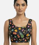 Black embroidered peacock & floral scoop neck sleeveless saree blouse