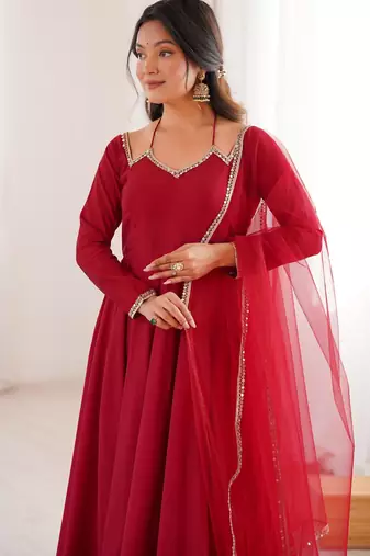 Women's Embroidery Work Roman Silk blend Flared Anarkali Pant and Dupatta Set