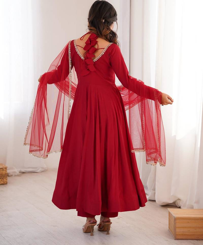 Women's Embroidery Work Roman Silk blend Flared Anarkali Pant and Dupatta Set