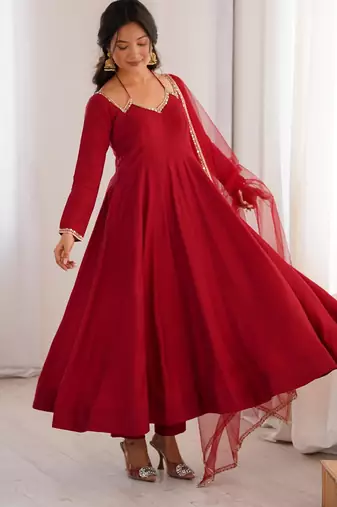 Women's Embroidery Work Roman Silk blend Flared Anarkali Pant and Dupatta Set