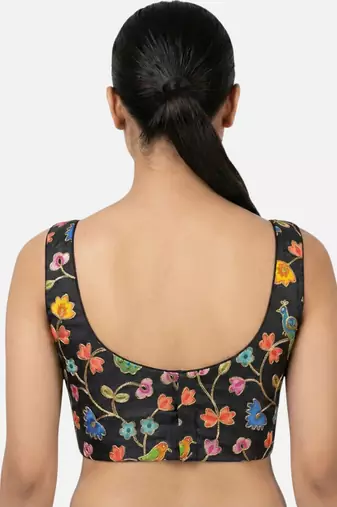 Black embroidered peacock & floral scoop neck sleeveless saree blouse