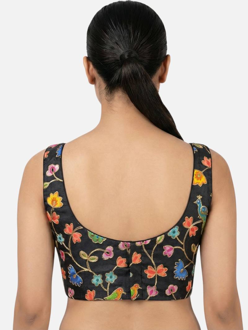 Black embroidered peacock & floral scoop neck sleeveless saree blouse