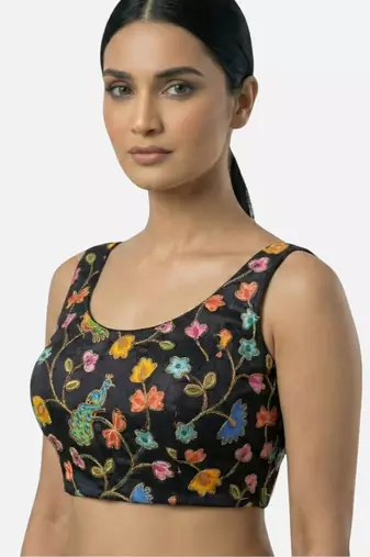 Black embroidered peacock & floral scoop neck sleeveless saree blouse