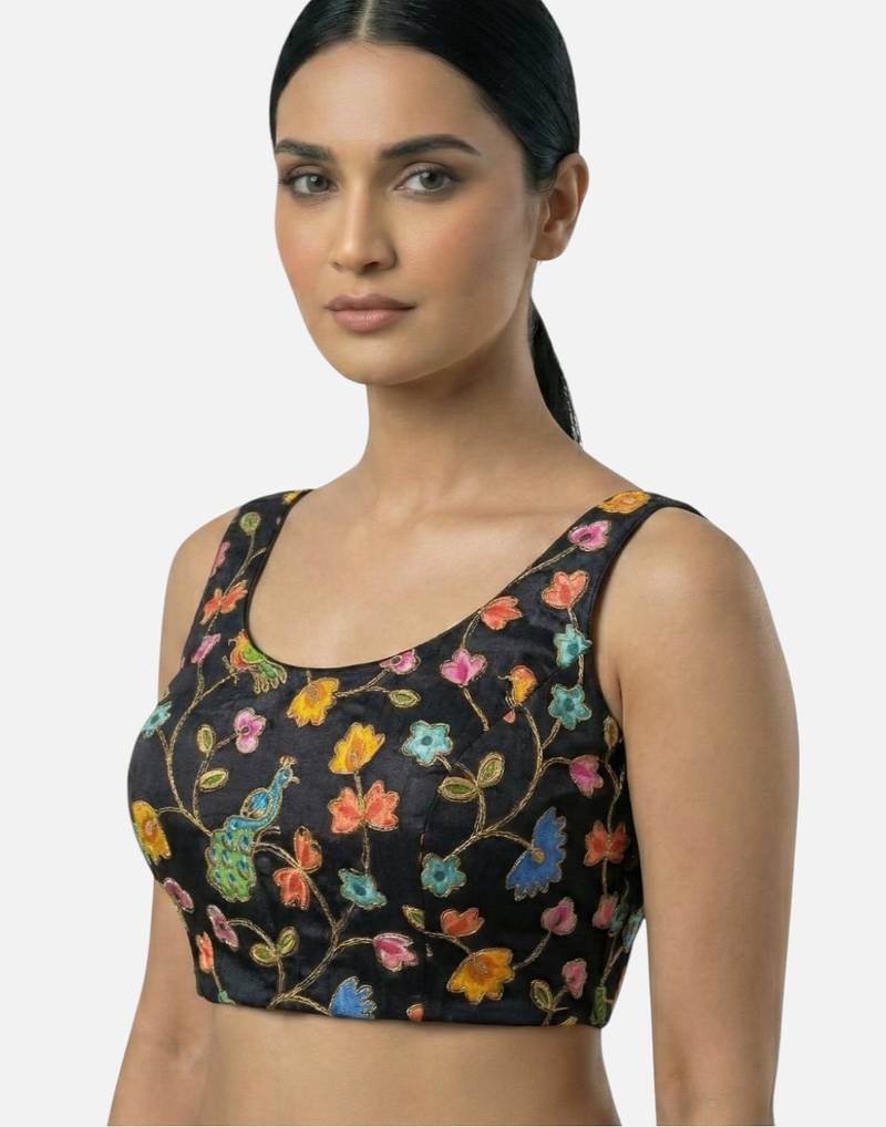 Black embroidered peacock & floral scoop neck sleeveless saree blouse