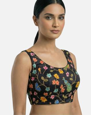 Black embroidered peacock & floral scoop neck sleeveless saree blouse 4