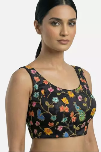 Black embroidered peacock & floral scoop neck sleeveless saree blouse