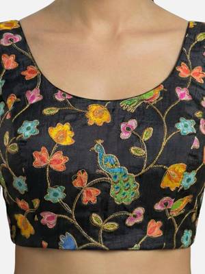 Black embroidered peacock & floral scoop neck sleeveless saree blouse 5