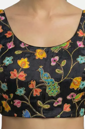 Black embroidered peacock & floral scoop neck sleeveless saree blouse