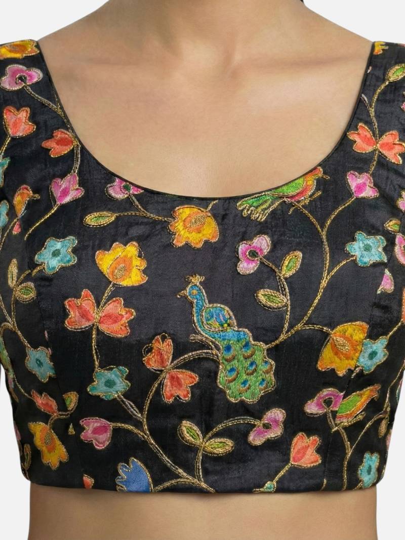 Black embroidered peacock & floral scoop neck sleeveless saree blouse